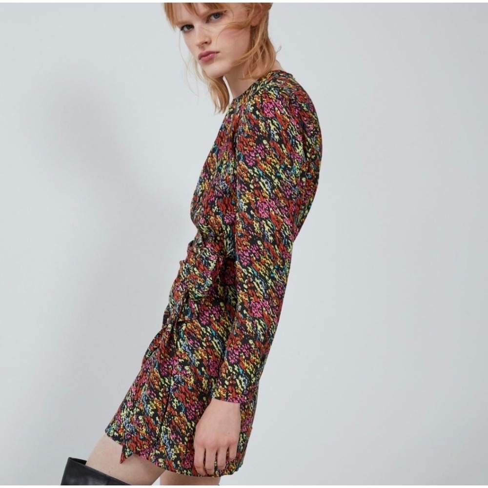 Zara Womens XL Abstract Floral Ruched Side Knot Mini Dress Multicolor
